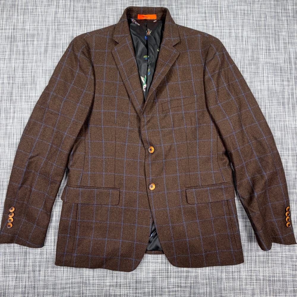 Tallia Mens 40S Wool Blazer Brown Windowpane Plaid Sport Coat Hummingbird Lining